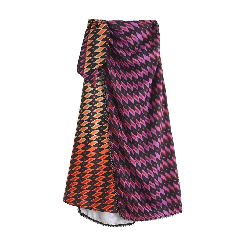 

TRAF Women 2022 Fashion Printing With Knot Vent Hem Wrap Midi Skirt Vintage Slim High Waist Zipper Female Skirts Streetwear