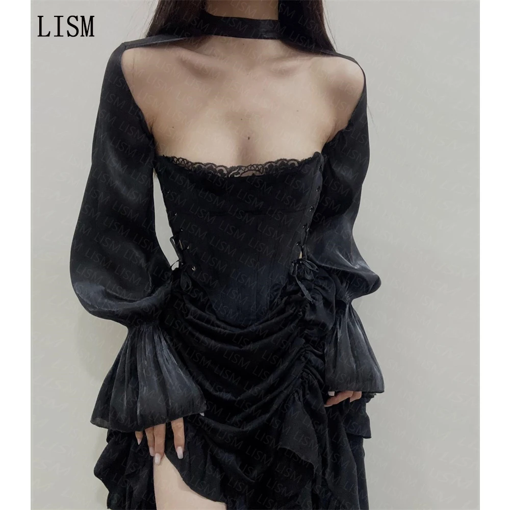 

LISM Long Sleeves Lace Mini Kokteyl Elbiseleri Pleated Strapless Homecoming Dress Dainty Empire Beach Party Sheer Dresses