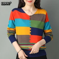 puzzle patchwork print v neck long sleeved fashion spring autumn t shirts skinny causal top all match cotton womens clothing