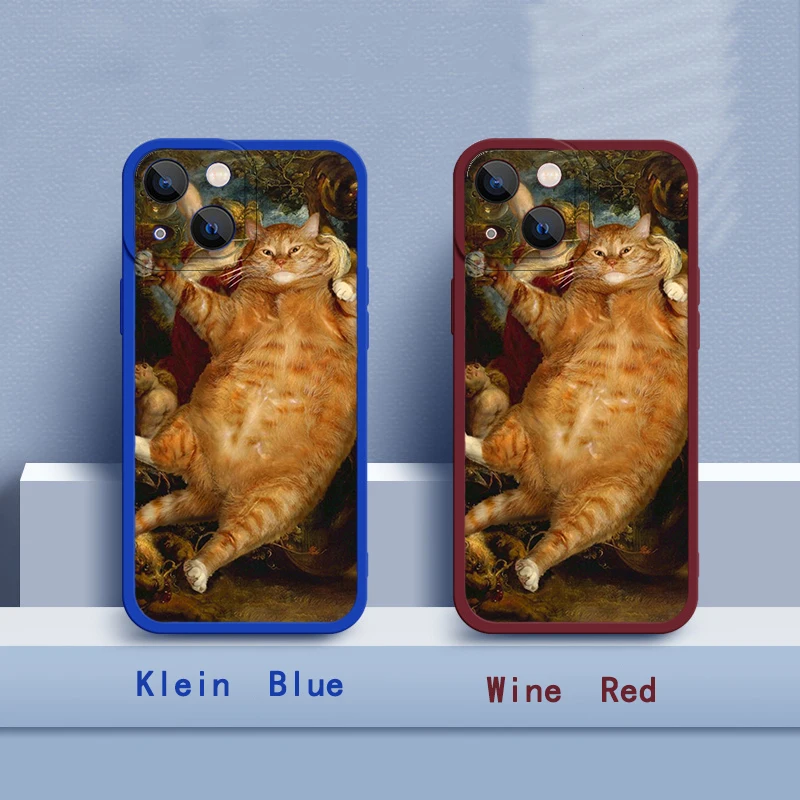 

IPhone 14 Cases，For Phone 7 8 12 13 11 X Xs XR Mini Pro Plus Max Case, Klein Blue Silicone Impression Oil Painting Cat Cover