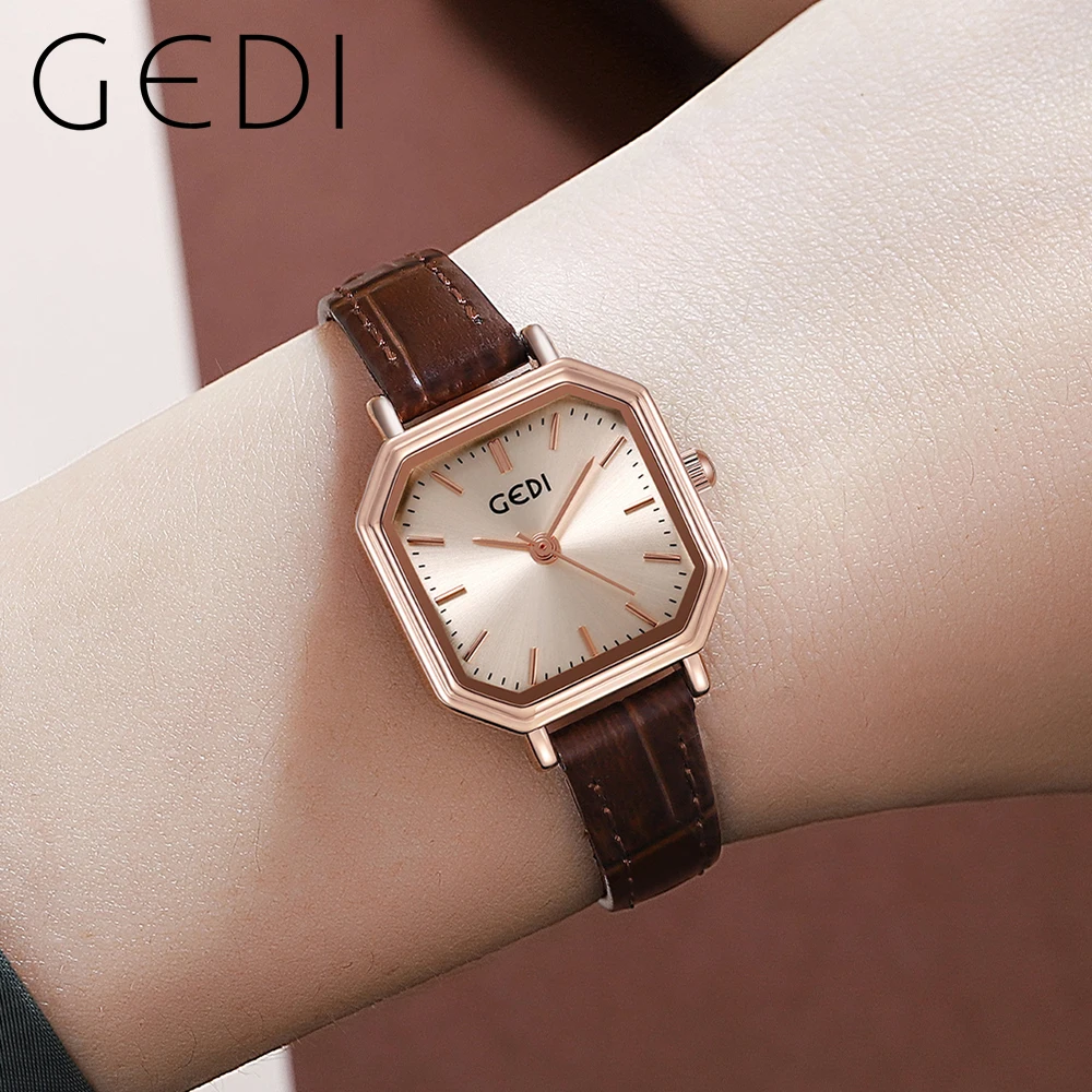 GEDI Classic Fashion Women Square Watches Luxury Brand Waterproof Ladies Quartz Wrist Watch Leather Strap Rose Gold Female Clock