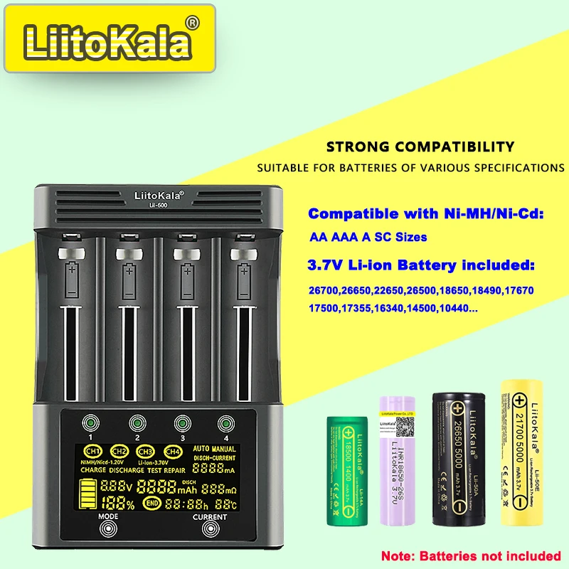 Умное зарядное устройство LiitoKala Lii-600 для 186502170026650AAAAANi-MHLi-ion, ЖК-дисплей, быстрая зарядка, 4-слотовый независимый (art.: 3920cd537ba00) - 3920cd537ba00