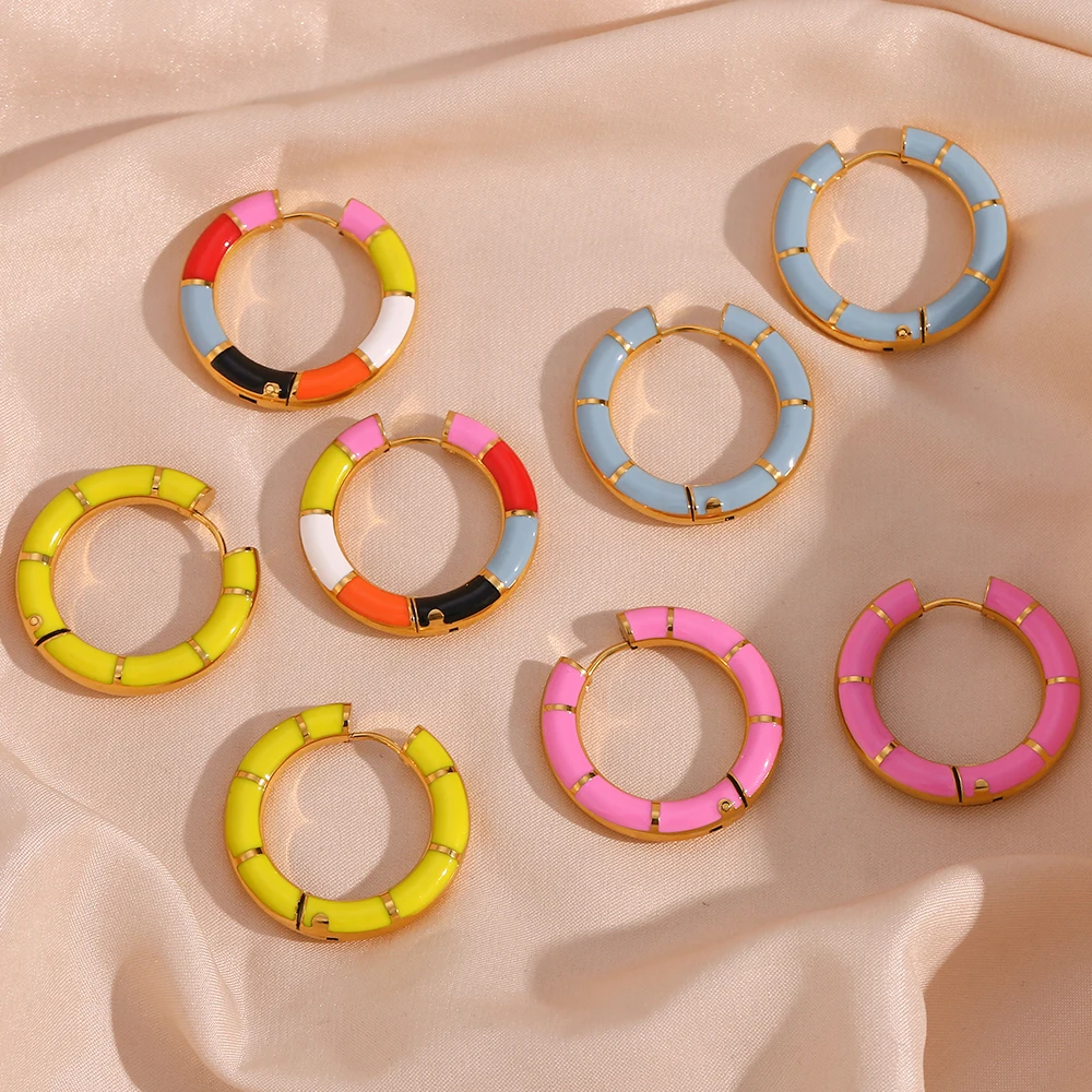 

2023 Summer Collection Big Size Solid Double Sides Enamel Round Donut Design Female Hoop Earrings Stainless Steel Oversize Hoop