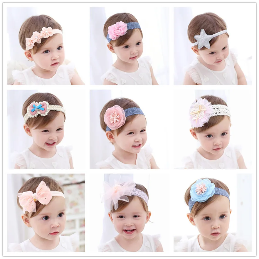 

Soft Stretch Gold Dot Chiffon Flower Baby Headband Newborn Knot Wide Nylon Headwraps Girls Headwear Kids Photo Props