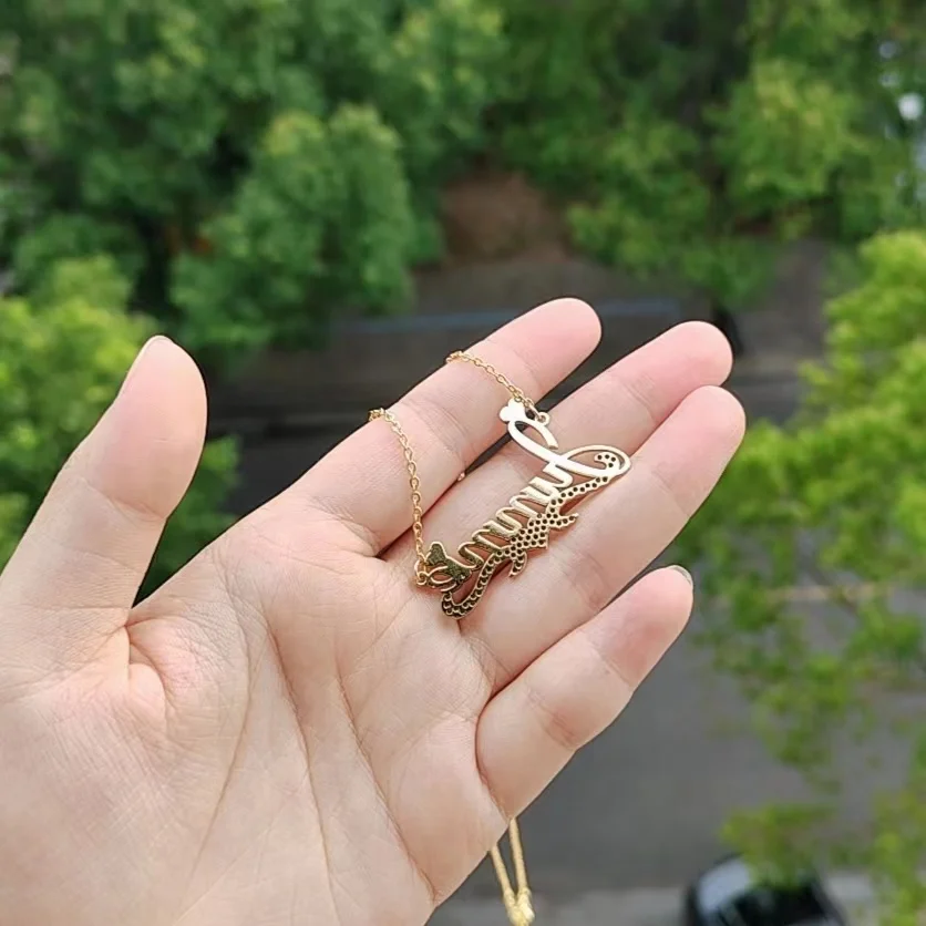 HIBODY One Piece Cut Custom Stainless Steel Half Diamond Name Alphabet Necklace Multi Font Choice Women Necklace Gift