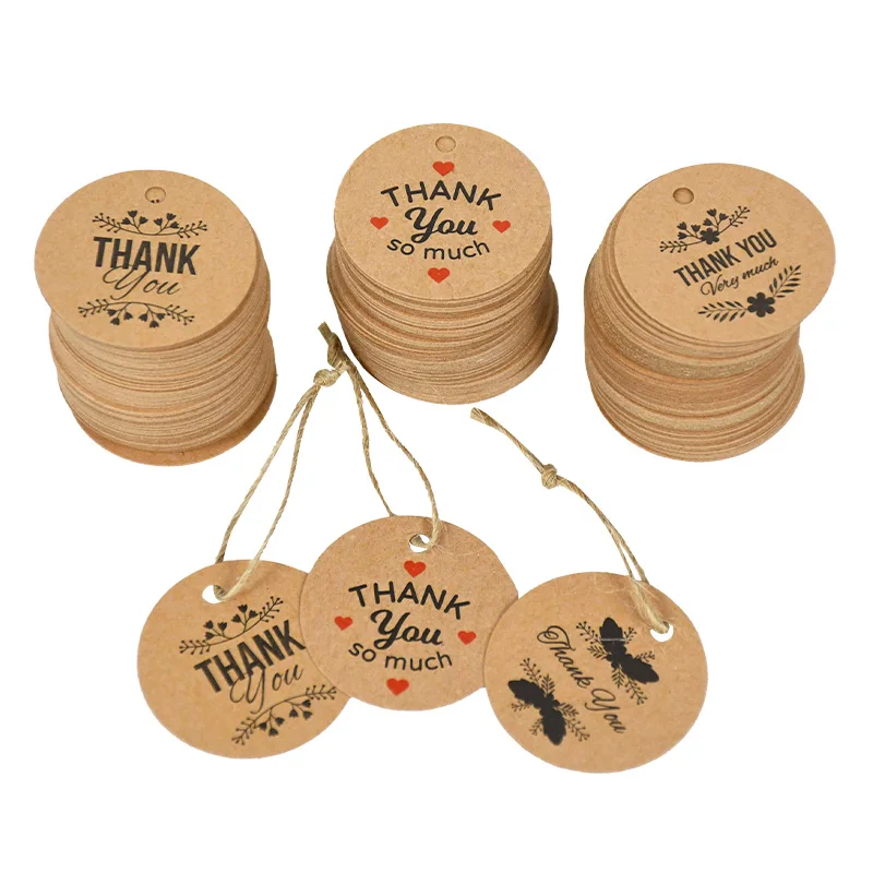

100pcs Thank You Kraft Paper Gift Tags Wedding Party Handmade Round Hang Tags Cards DIY Gift Packaging Garment Tag Price Labels