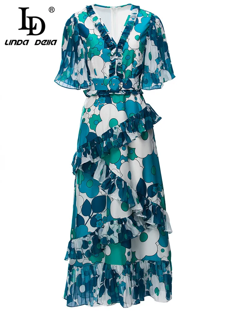 

LD LINDA DELLA 2023 Новое модное подиумное летнее платье женское с v-образным вырезом пояс с оборками праздничное элегантное платье миди с цветочным принтом