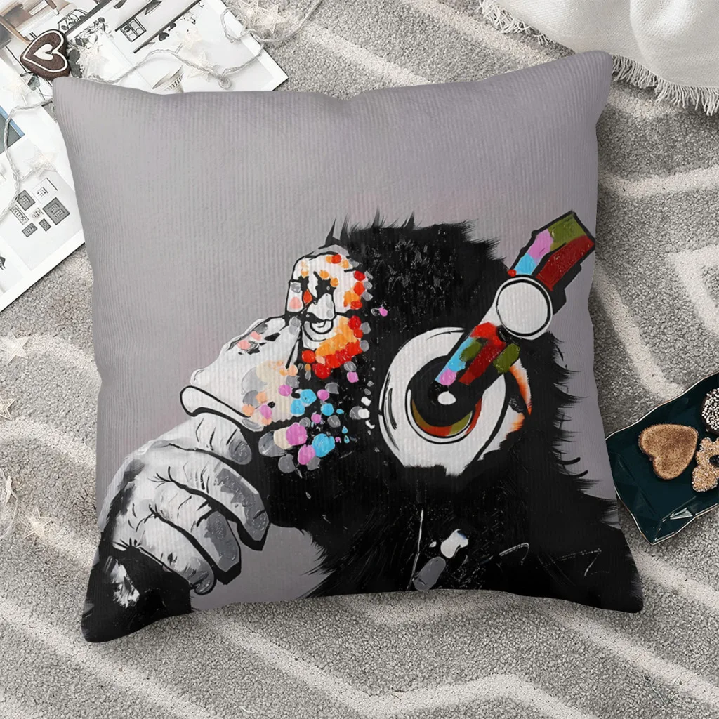 

DJ Monkey With Headphones Thinking Thinker Chimp Throw Pillow Case Graffiti Backpack Cojines Covers DIY Printed Soft Home Decor