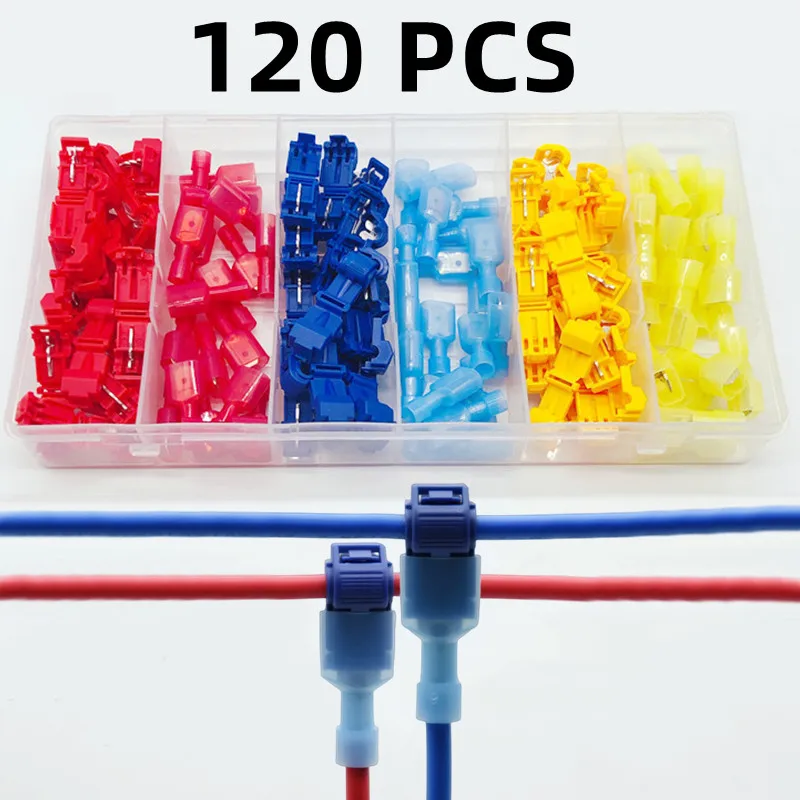 

120PCS Box,T-Shaped Crimp Terminal Blocks,Electrical Connector Connection Clamps,Quick-Free Stripping Plugs,Cable Connector Plug
