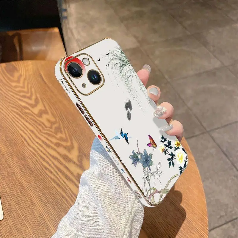 Willow Branches Luxury Plating Phone Case For iPhone 14 13 12 11 Plus Pro Max Mini X XR XS SE2020 8 7 6 6S Plus Cover