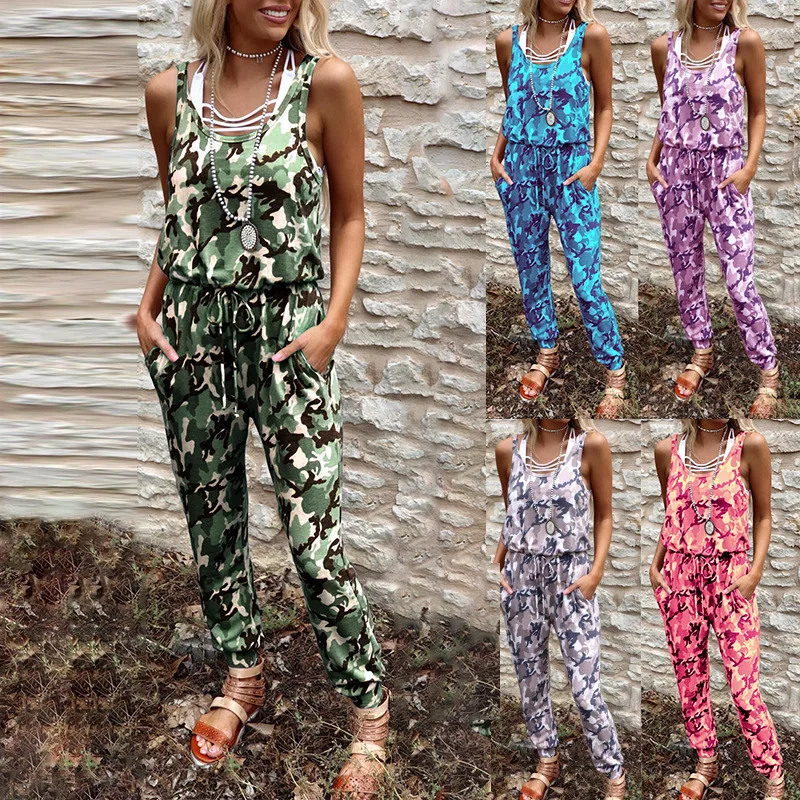 Sexy Bodysuit Women Rompers Jumpsuits 2021 new camouflage printed round collar sleeveless tall waist Women Jumpsuit