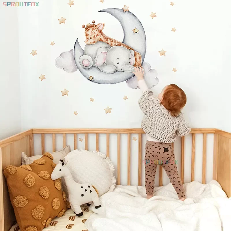 

Elephant Giraffe Wall Stickers Child Wall Decorative Vinyl Animal Pattern Moon Wall Stickers For Children's Room Kids Rooms