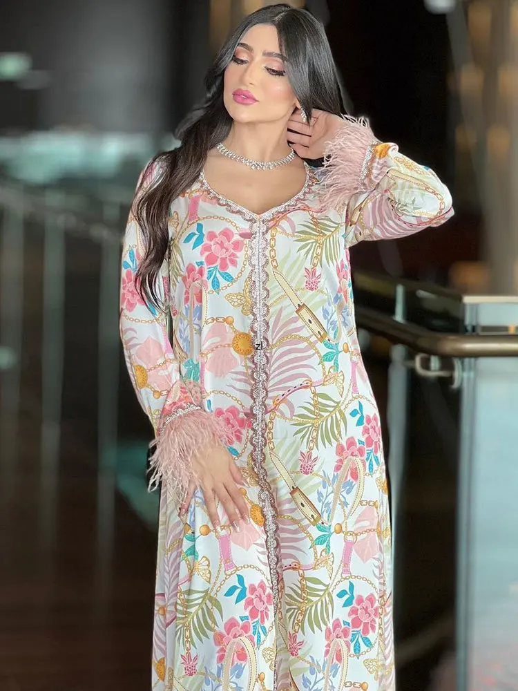 Floral Printed Abaya Arabic Long Dress Women Feather Cuff Bead Trim Eid Muslim Dresses Moroccan Caftan Gulf Jalabiya Dubai Abaya