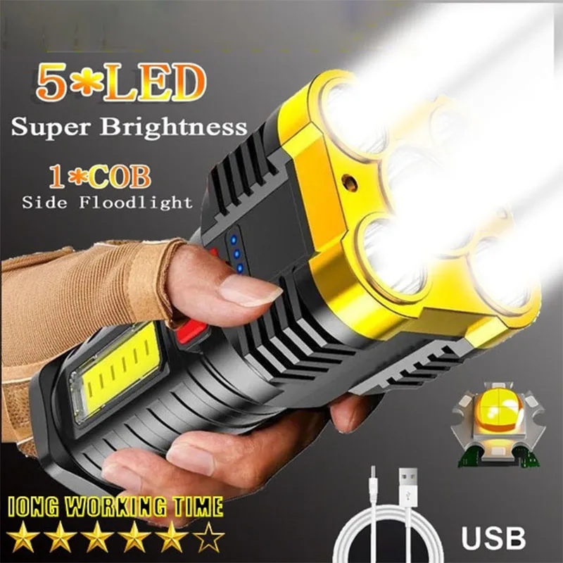 5LED Flashlight Powerful Portable Spotlight Outdoor COB Side Light Waterproof Rechargeable USB Torch 4 Modes Searchlight