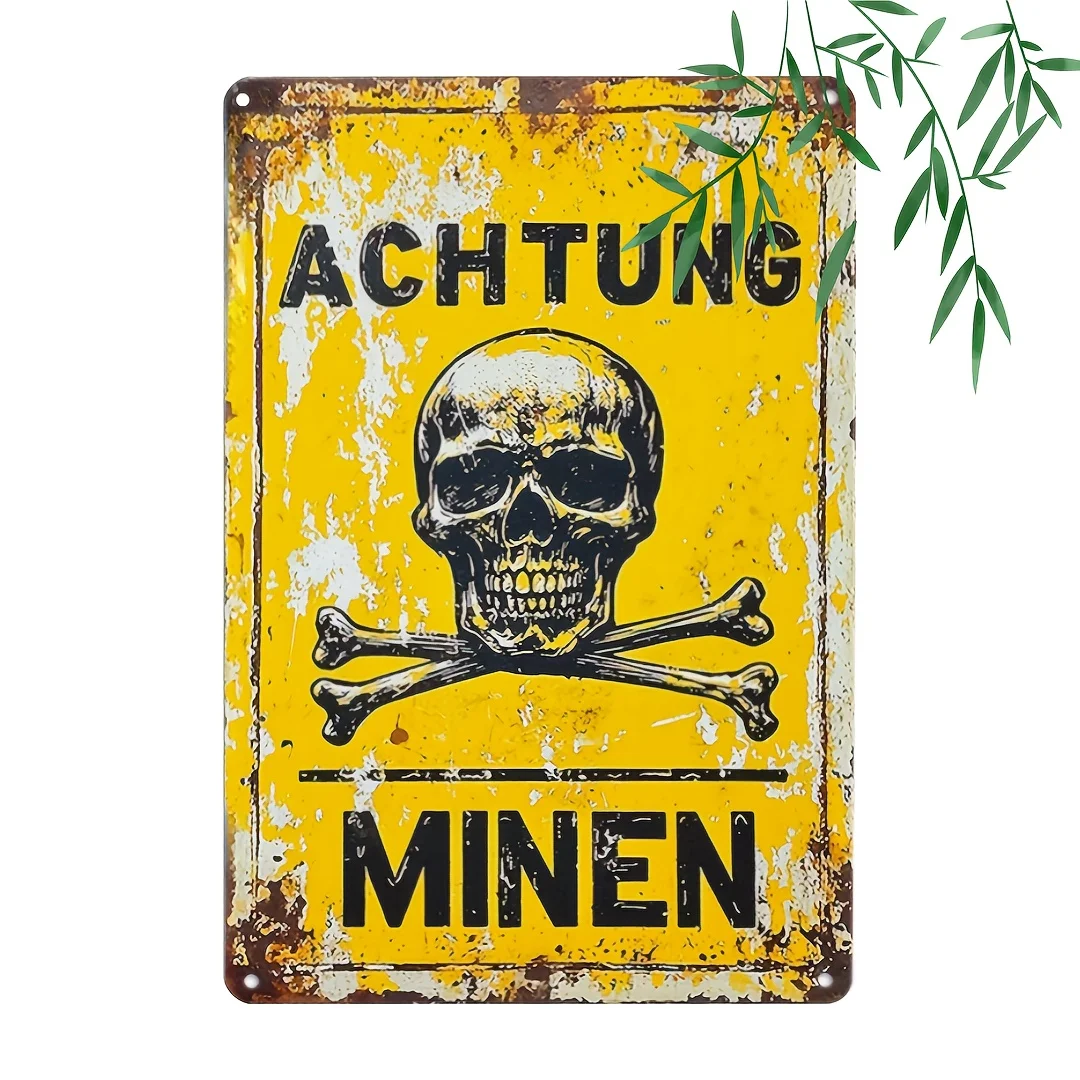 Фото Металлическая жестяная вывеска «Achtung Minen», предупреждающая декоративная табличка — настенное искусство в стиле ретро с черепом и скрещенными костями и английским текстом, деревенский декор для №1