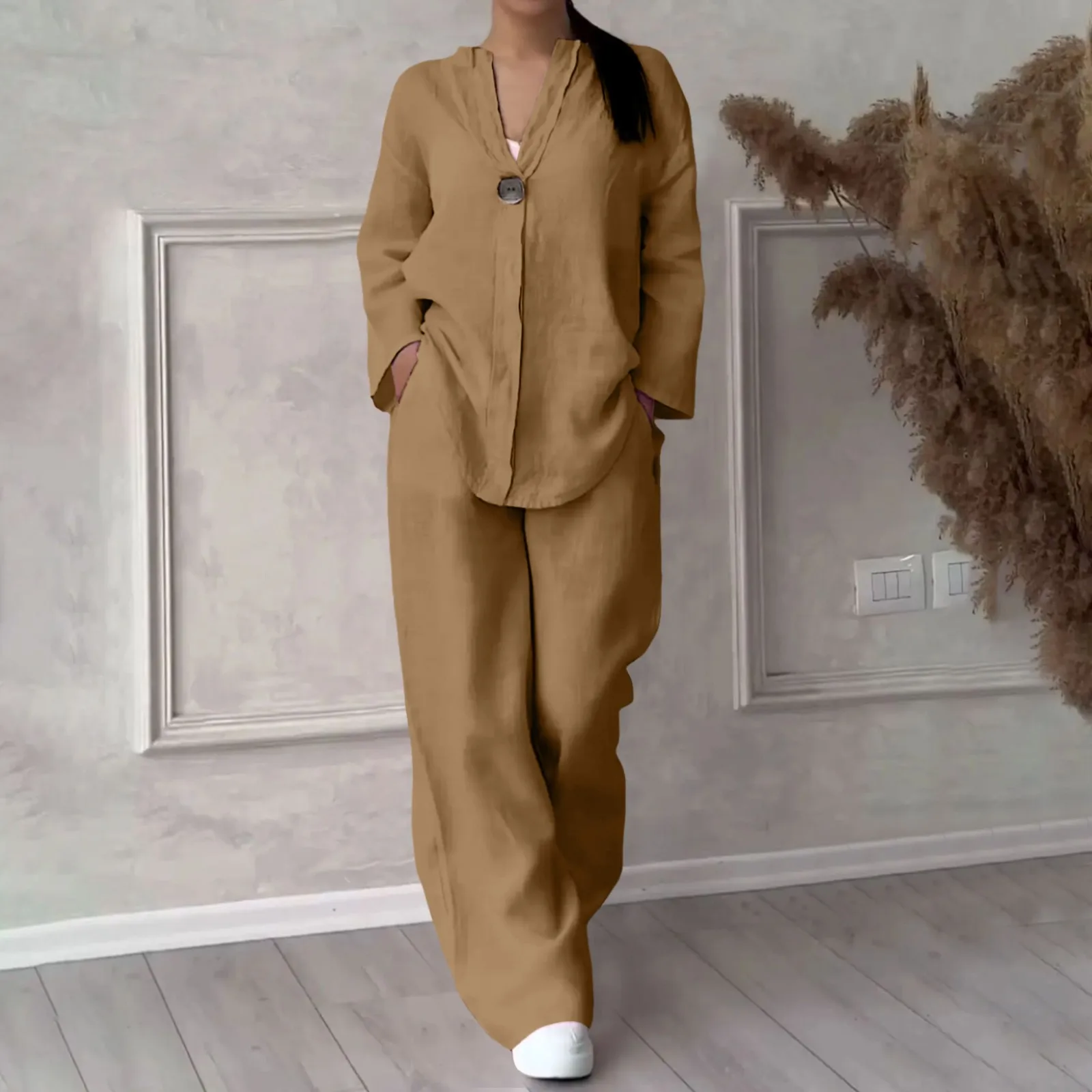 Женский Повседневный комплект из двух предметов блузка смешанного хлопка и