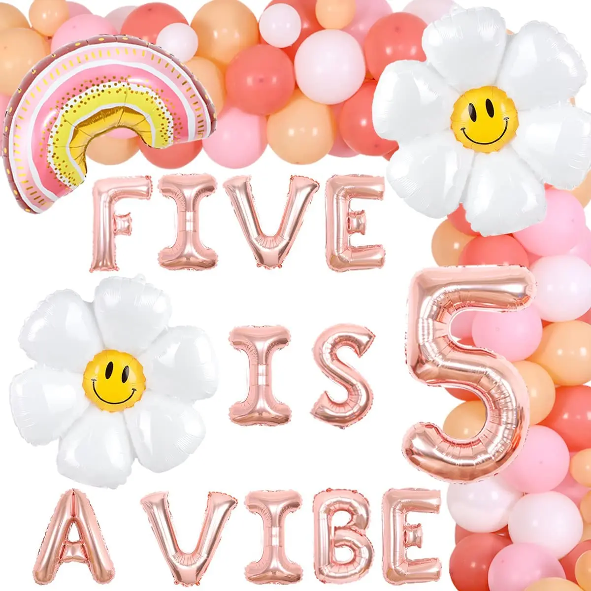 

Funmemoir Groovy 5th Birthday Party Decoration Boho Daisy Rainbow Balloon Garland Arch Kit Five Is A Vibe Foil Balloon for Girl