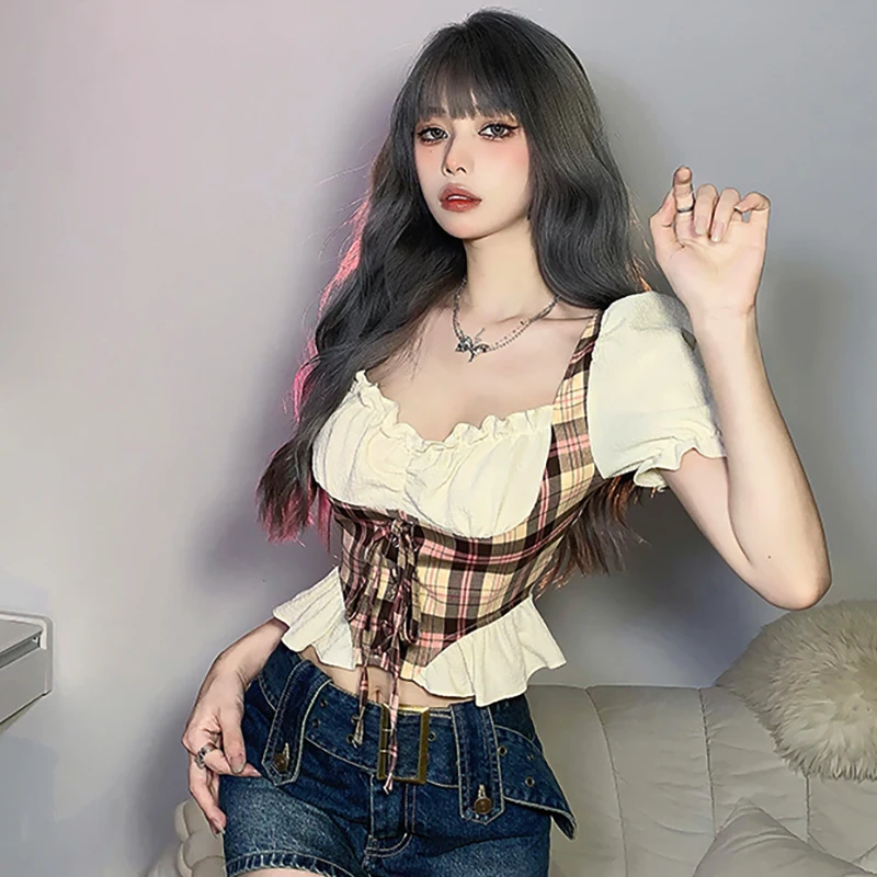 

#Sisjuly# French Chic sweet girl fake two piece stitched slim fitting T-shirt women's Plaid exposed collarbone bandage top