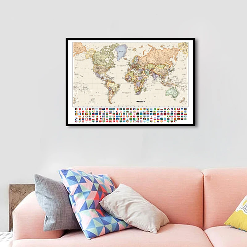 

84*59cm The Vintage World Map Political Map with Flags Wall Art Poster Canvas Painting Classroom Home Decoration School Supplies