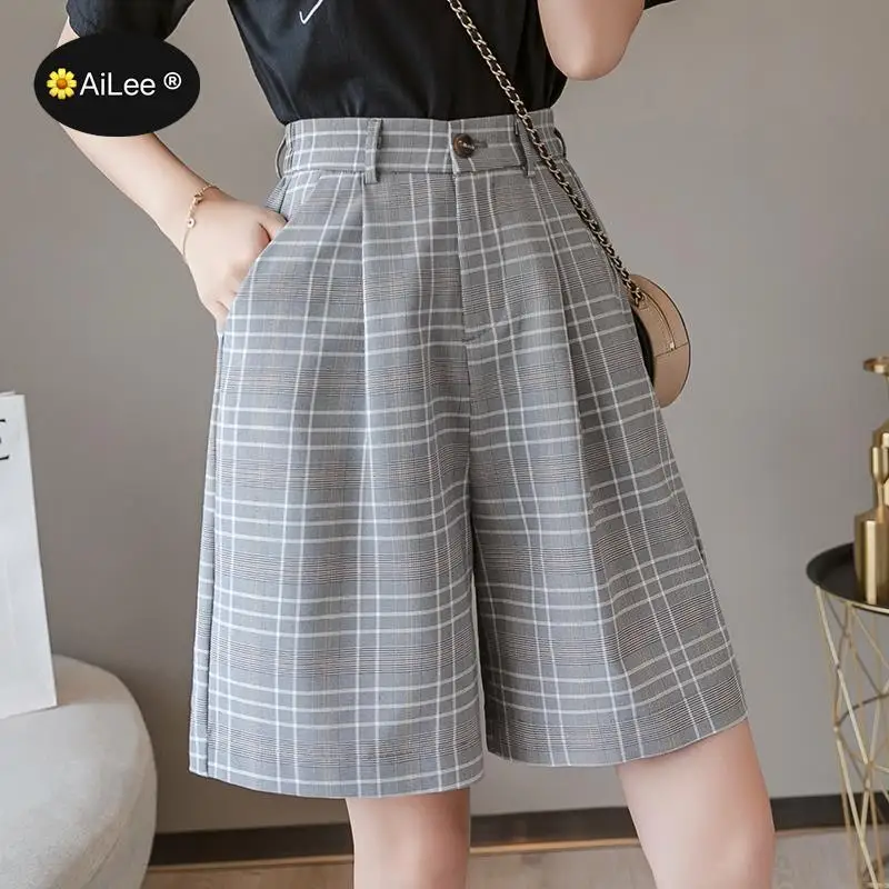 Plus Size 3XL Summer Knee Length Plaid Shorts England Style Comfortable Wide Leg Trouses Women Loose Casual Straight Shorts