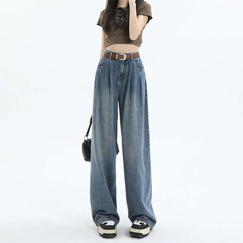 Women Fashion Versatile Vintage Wide Leg Pants Loose Pleated Straight Jeans Fashion Casual New Double Pockets Korean Trousers