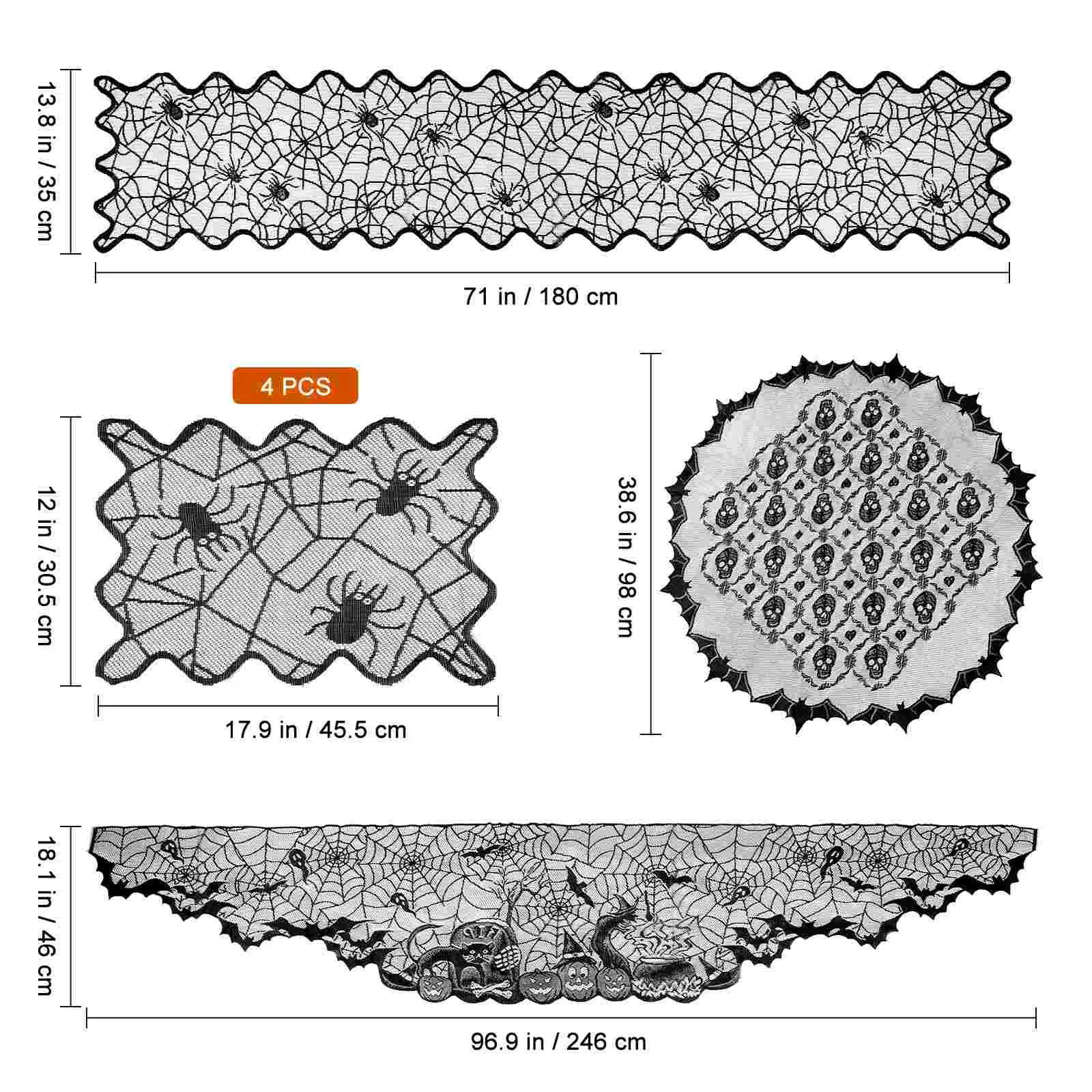 

Party Decoration Set, 1 Set, 98cm ( biggest ), Bat Tablecloth Spider Web Fireplace Scarf Table Topper, Placemat Table Halloween