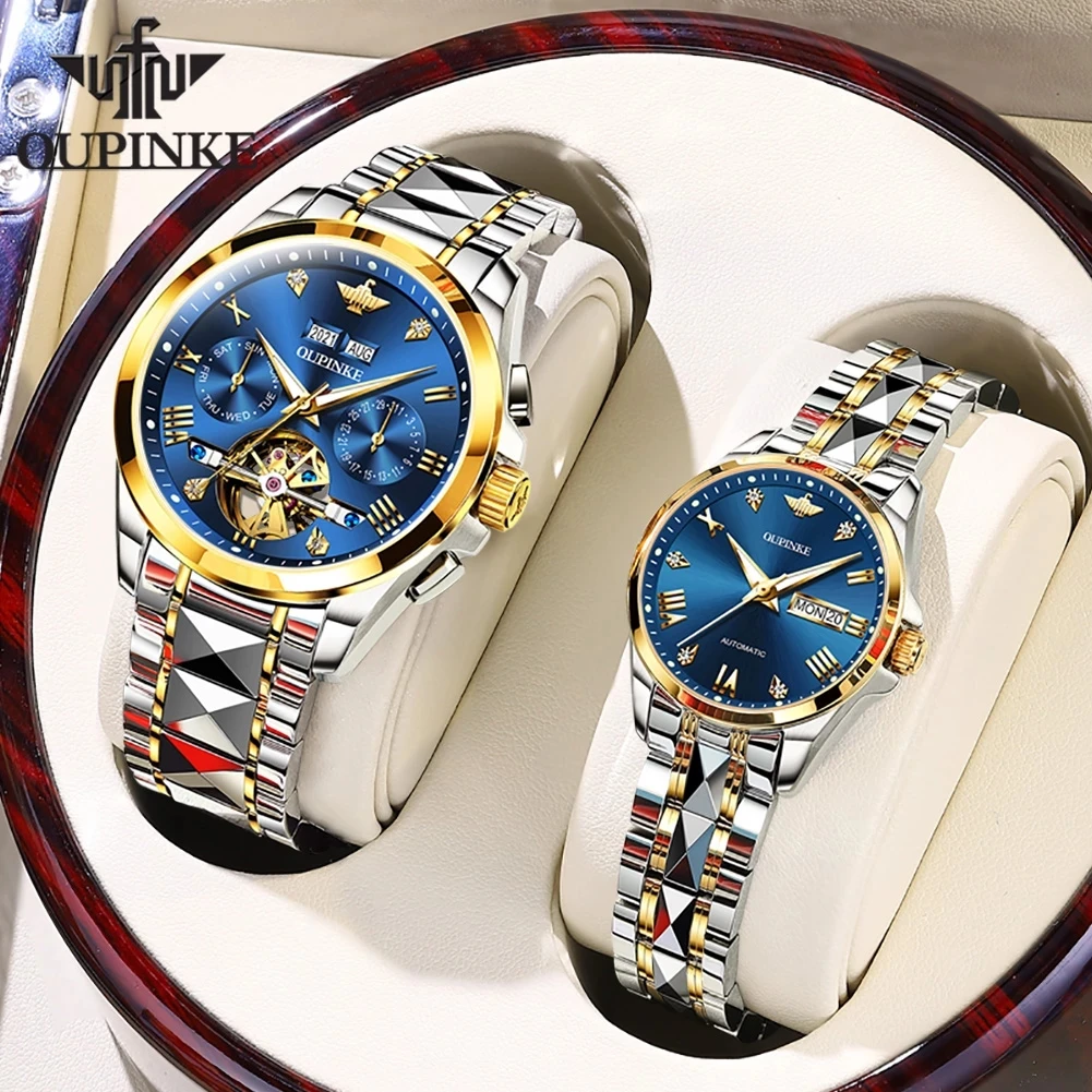 OUPINKE Luxury Couple Watches Luminous Waterproof Sapphire Mirror Xmas Gifts Men Women Bracelet Necklace Mechanical Watch Set