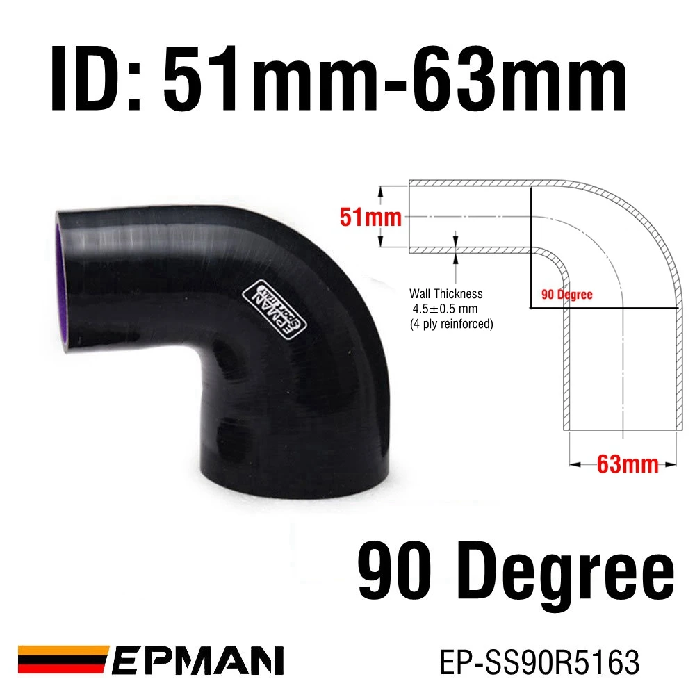 

EPMAN-2,5 дюйма, 4-слойный силиконовый шланг переходника на коленке 90 градусов, черный 51-57/51-63/51-70/57-63 мм для VW EP-SS90R5163