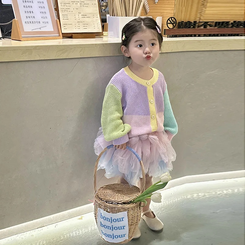 

Корейский стиль, новинка 2023, Осенняя детская одежда, комплект из 2 предметов для девочек, свитер, юбка, милая, яркая, универсальная, однобортная