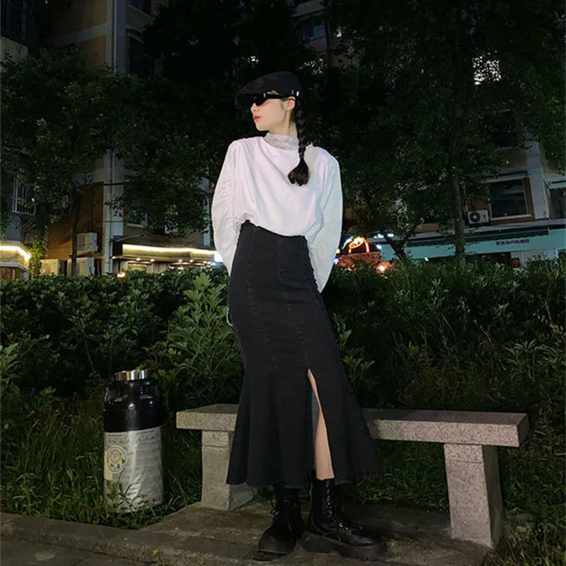 Женская джинсовая юбка-годе Lucyever длинная облегающая юбка с разрезом оборками и