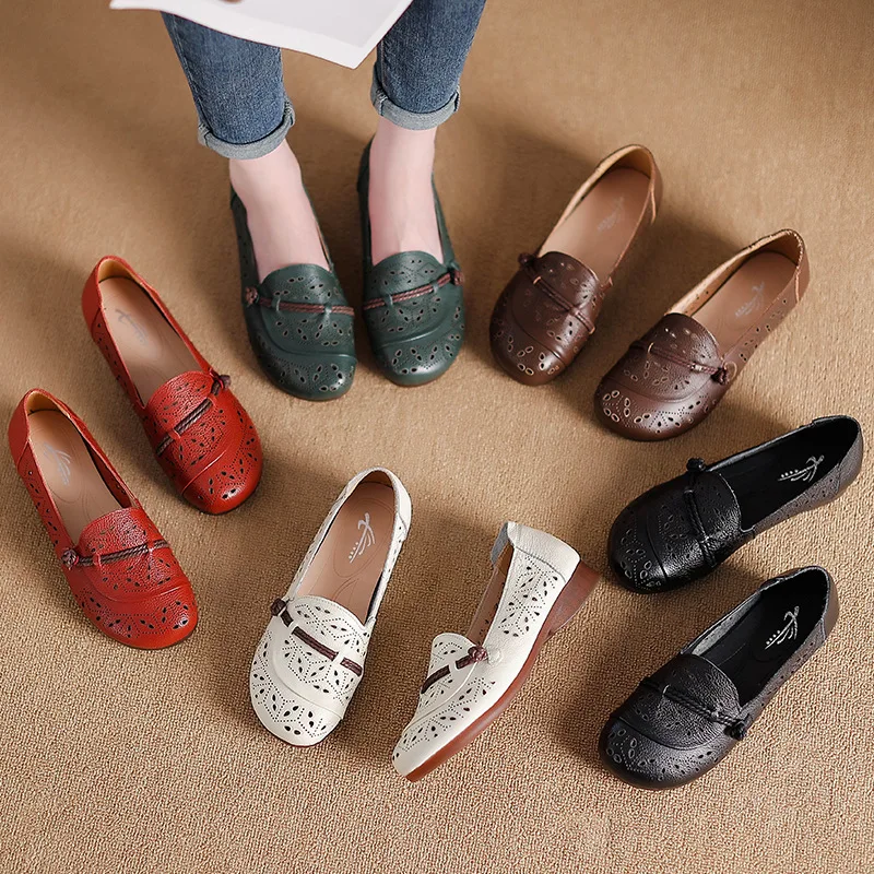 Elegant perforated flat shoes women's leather moccasins woman cutout string ballet flats mom summer breathable shoe ladies flats