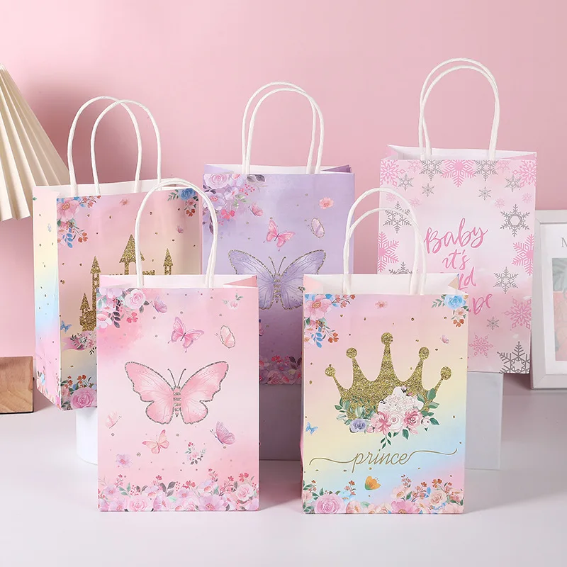 

50Pcs Butterfly Gift Bags Pink Purple Flowers Paper Candy Gift Packaging Bag Kids Birthday Party Supplies Girl Baby Shower Decor