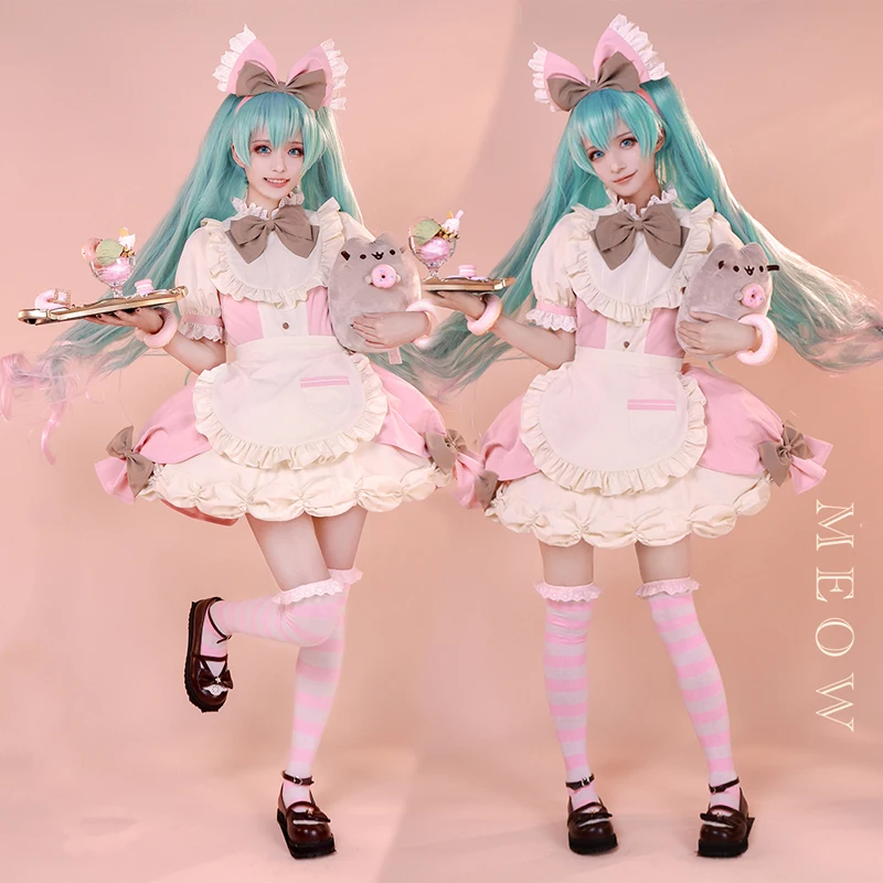 

Kawaii Miku кошачьи уши Горничная Косплей Костюм женский десерт момент Лолита платье Хэллоуин Карнавал Вечеринка Одежда Женская