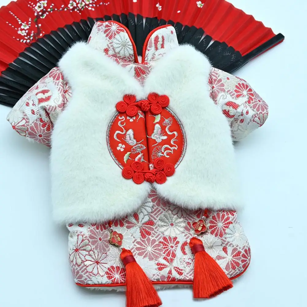 

Mandarin Collar Lucky Character Tassel Exquisite Buckle Plush Vest Foreleg Pet Cheongsam Winter New Year Chinese Style