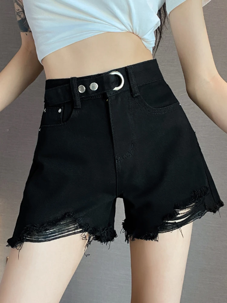 Streetwear Women High Waist Wide Leg Hole Frayed Denim Shorts Spring Summer Female Button Loose Jeans Shorts Bottoms
