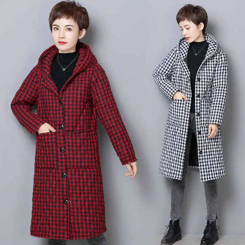 

Women 'S Cotton-Padded Clothing Mid-Length Elegant Autumn And Winter Plaid Over-The-Knee Padded Jacket