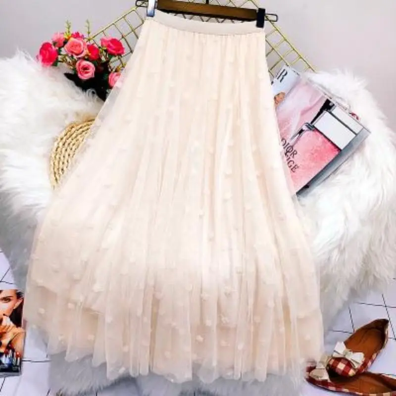 

Spring Summer Skirts for Women Long Mid Mesh Tulle Skirt Female Elastic High Waist Pleated Tutu Skirt Women's Clothing Q181