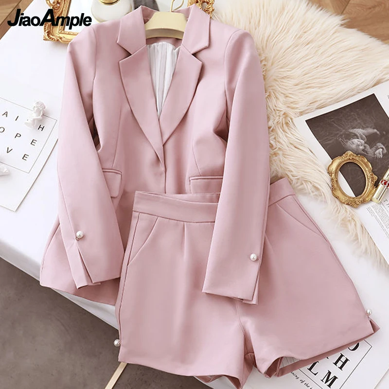 

Women's Spring Autumn High-End Blazers Shorts Two Piece Set Korean Lady Sweet Graceful Pearl Button Suit Jacket Shorts Outfits