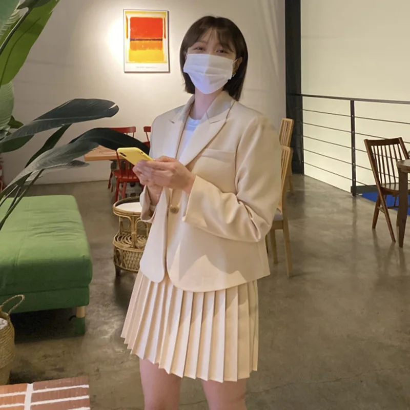 Ladies Skirt Suit Solid Color Loose Long-sleeved Suit Jacket Temperament High-waist Pleated Skirt Short Skirt Two-piece Suit