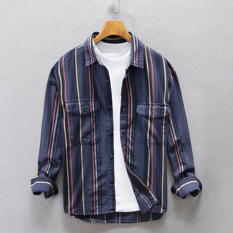 

Z205 Spring Fall Fashion Men's Casual Loose Striped Shirt 100% Cotton High Quality Dual Pocket Long Sleeve Lapel Blouse Top Male