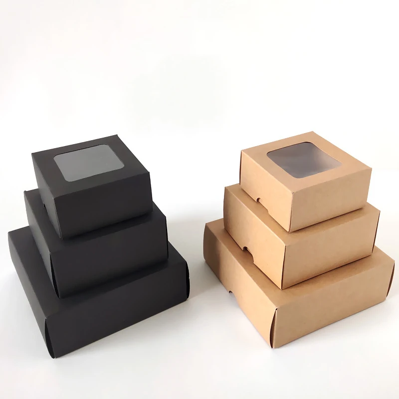 

12 шт./лот коробки для конфет из крафт-бумаги с крышкой 3 размера подарочные коробки с Windows 3 цвета квадратные коробки для печенья утолщенные коробки для вечеринок