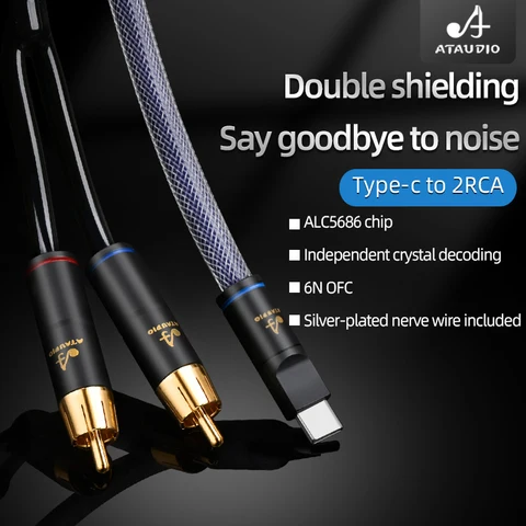 ATAUDIO HiFi USB Type-C к 2RCA Шнур для динамика телефона Hi-end 6N OFC Type-C к 2RCA штекерному разъему Y Разветвитель Профессиональный аудиокабель