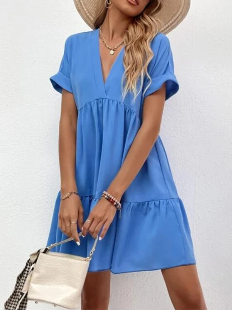 QWEEK Women Sleepwear Short Sleeve Solid Nightdress Summer Nightgown V Neck Night Dress Loungewear Basic&Casual