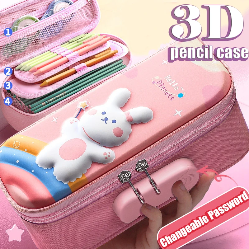 

3D Kawaii Pencil Case With Lock Unicorn Organizer Cute Pen Pouch Box Bag for Girl Boy School Office Supplies Students Stationery