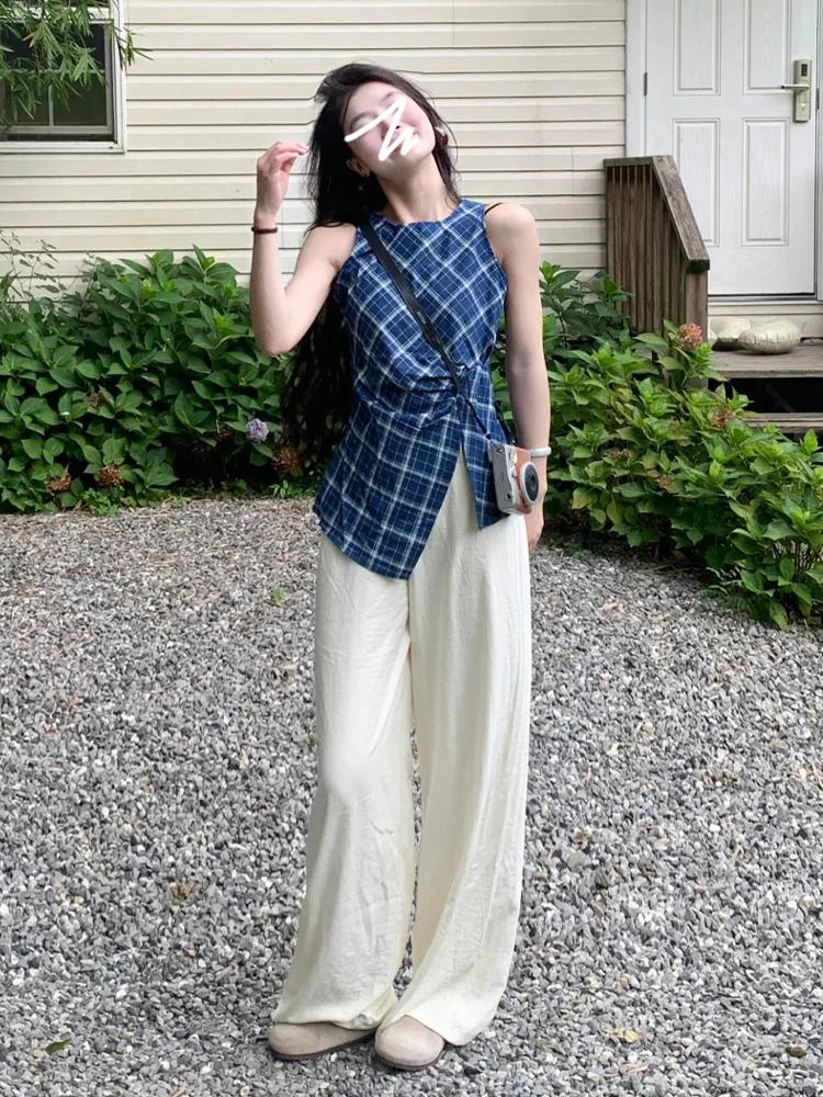 MiiiiX французская синяя полосатая клетчатая рубашка без рукавов женская блузка