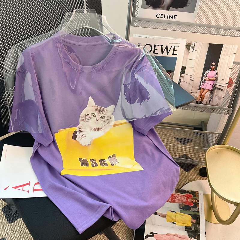 

Summer Cotton Cat Printed Short Sleeve T-shirt Loose Korean Style Y2k Aesthetic Woman Tshirts Streetwear Fashion Tops Cute Tees