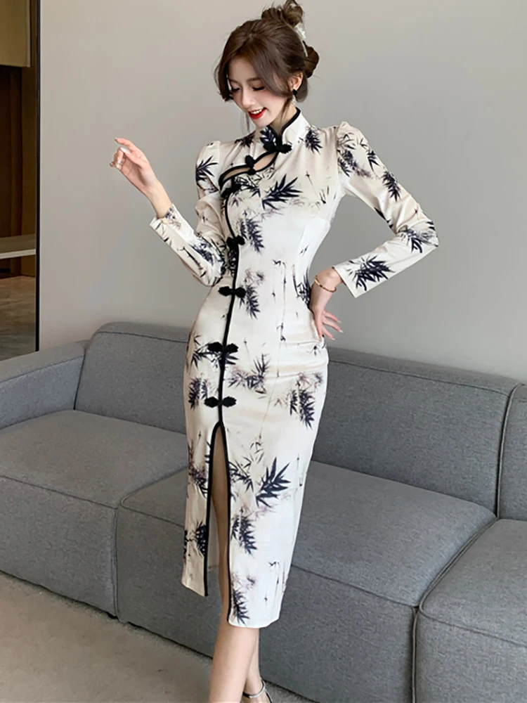 Женское бархатное платье с принтом элегантное винтажное облегающее в Корейском