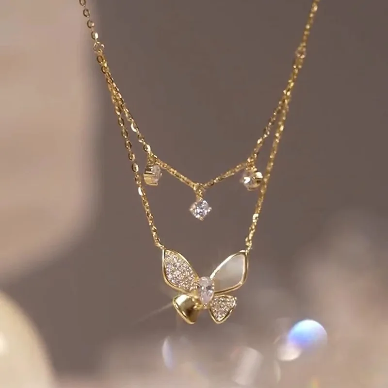 

Zircon Inlaid Golden Butterfly Pendant Double Layer Necklace Women's Personality Fashion Necklace Wedding Jewelry Birthday Gifts