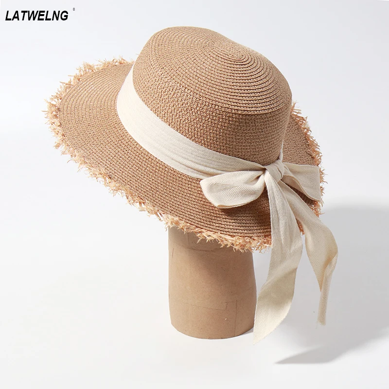 

Шляпа женская Соломенная с большим бантом, модная пляжная Панама для лета, с защитой от УФ-лучей, солнцезащитный козырек, подарок