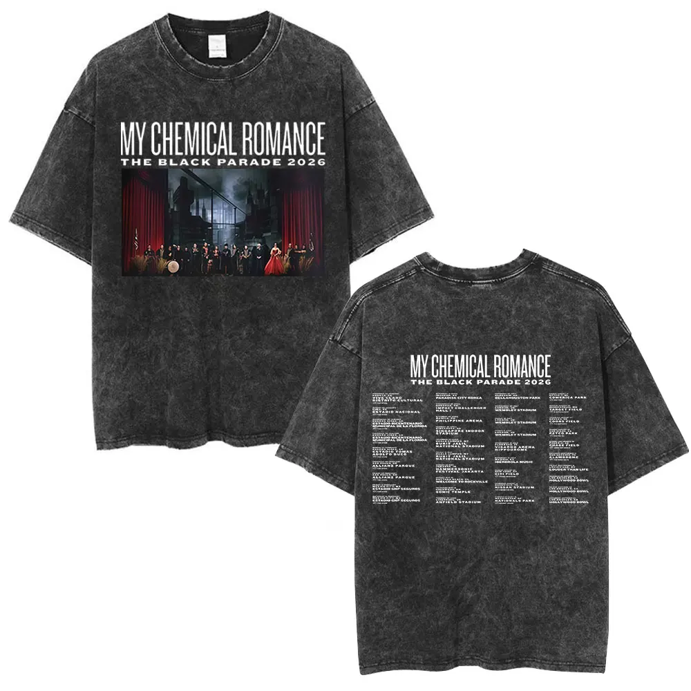 Фото Футболка Rock Band My Chemical Romance с эффектом потертости, коллекция The Black Parade 2026 Tour, мужская одежда, готические свободные футболки, уличный стиль №4